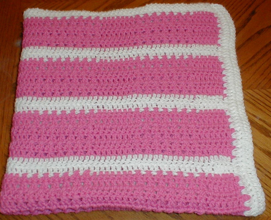 Karens Crocheted Garden of Colors Bubble Gum Pink and White Baby Blanket