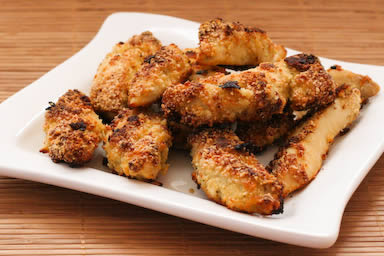 Baked Chicken Strips with Mustard, Almonds,and Parmesan Baked Chicken Strips