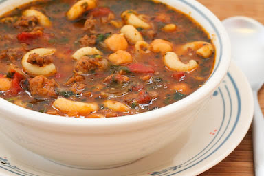 Roasted Tomato Soup with Ground Beef, Italian Sausage, Garbanzos, Macaroni, and Basil Roasted Tomato and Italian Sausage Soup