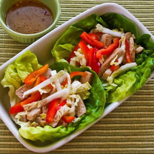 Asian Lettuce Wraps with Pork, Napa Cabbage, and Red Bell Pepper