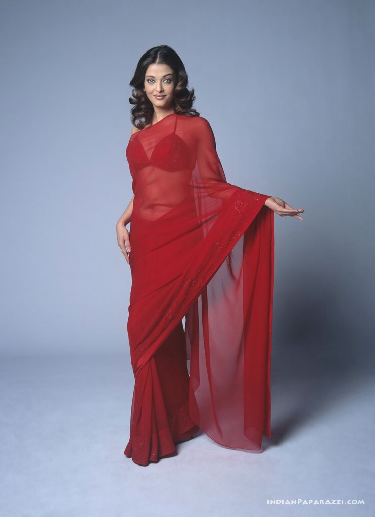 Film Actress Photos: Aishwarya Rai Hot Navel in Red Transparent Saree