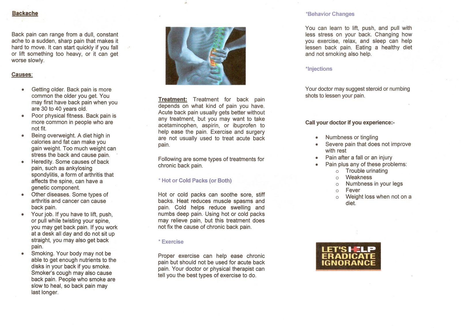 Health Information Guide HELP Backache Pamphlet
