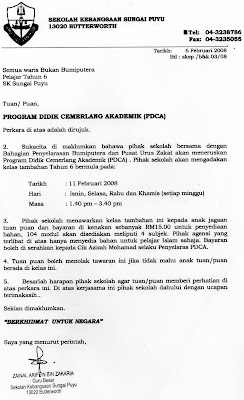 letter from Zainal Arifin bin Zakaria, Guru Besar (Headmaster), Sekolah Kebangsaan Sungai Puyu, 13020 Butterworth addressed to semua Waris Bukan Bumiputera letter from Zainal Arifin bin Zakaria, Guru Besar (Headmaster), Sekolah Kebangsaan Sungai Puyu, 13020 Butterworth addressed to semua Waris Bukan Bumiputera