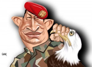 dessin humoristique de Hugo Chavez tordant le cou à l'aigle américain