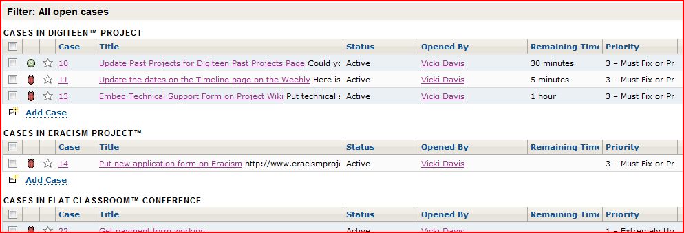 Screenshot of Fogbugz showing