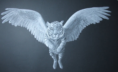 winged white tiger in white charcoal on black paper