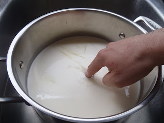 Testing the mozzarella curd for a clean break
