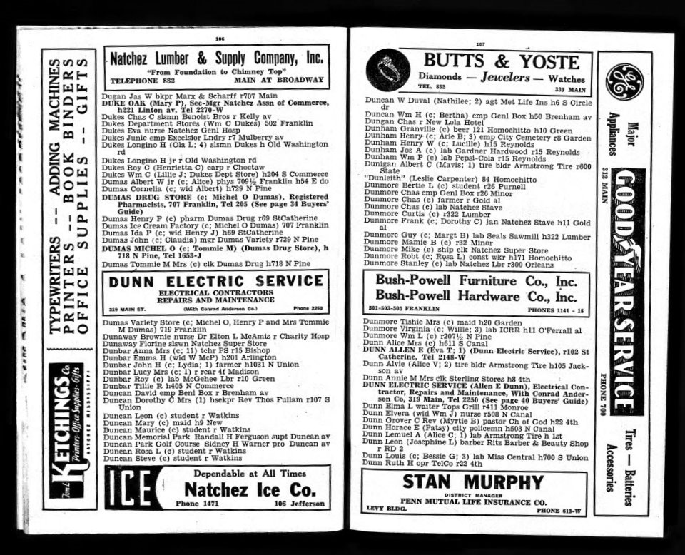 NATCHEZ, MISS:  City Directory / Dumas listings / Circa 1940's.
