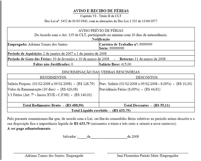 Sistema de Gestão de Empregados: Recibo de Férias Completas (em 2 vias)