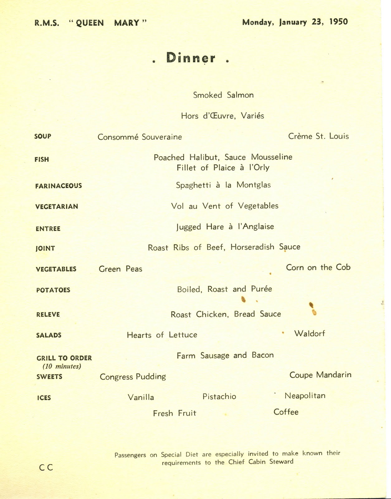 Cruise Ship Menus Cunard White Star R.M.S. Queen Mary 1950 Dinner Menu