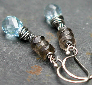 Handmade Aquamarine, Smoky Quartz, and Sterling Silver earrings