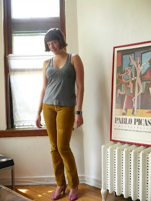 Grey tank, Diesel; gold corduroys, JCrew; pink heels, Grey tank, Diesel; gold corduroys, JCrew; pink heels,