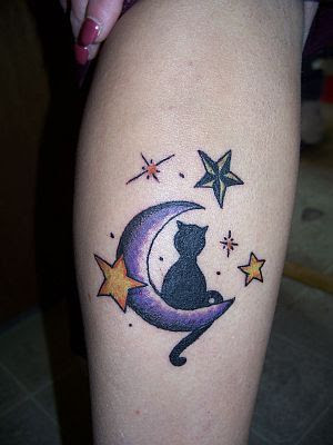 Fantasy Tattoo - Moon, Stars, and Cat Tattoo Design