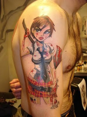 Beautiful Pinup Ninja Girl tattoo on shoulder. School girl bloody tattoo.