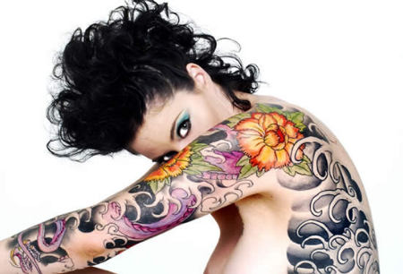 Floral Tattoo on Back and Arm Sleeves 
