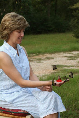 Lady and hummingbirds