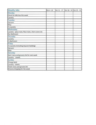 the book - weekly housework sheet