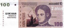 Juana Azurduy por Roca en el billete de 100