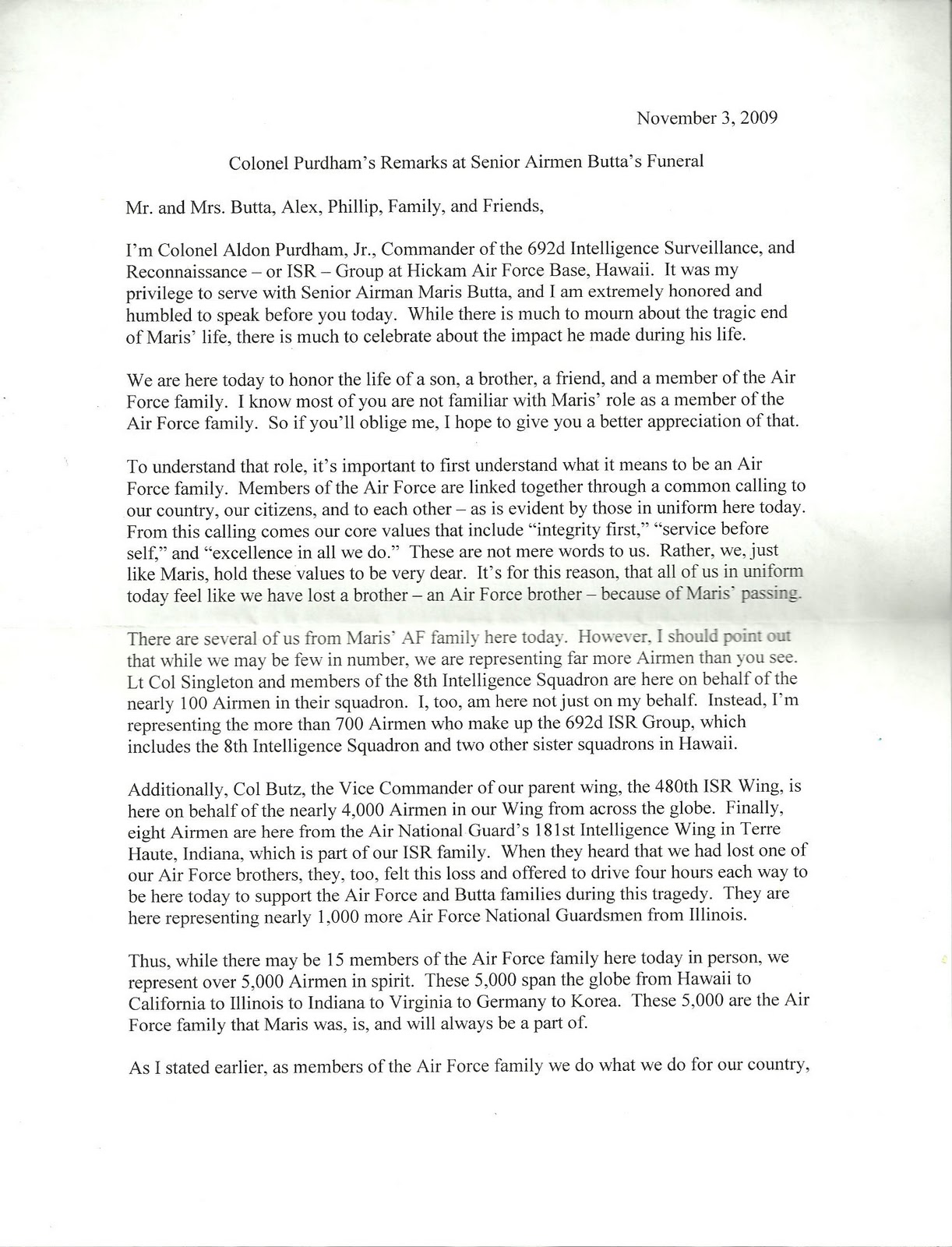 Remembering Maris Remarks by Col. Purdham at Funeral