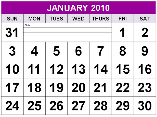 january 2010 calendar printable. Big Font January 2010 Calendar