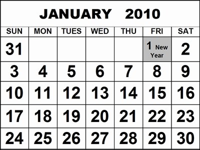Singapore January 2010 Calendar printable template with holidays