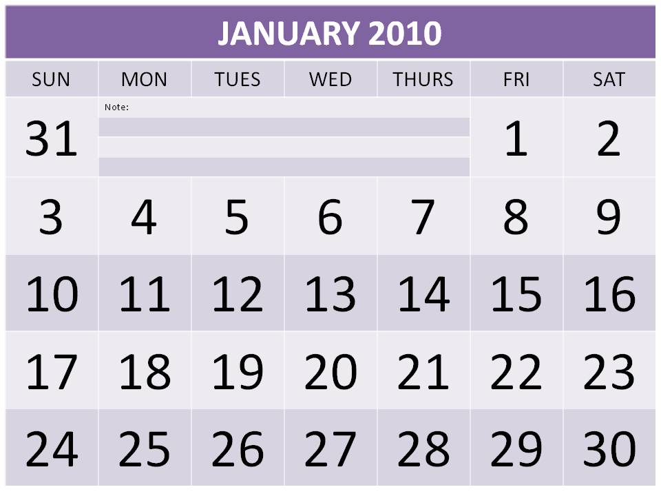 January 2010 calendar page