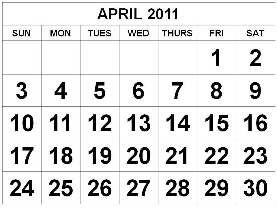 Black and White Printable April 2011 Calendar with big fonts
