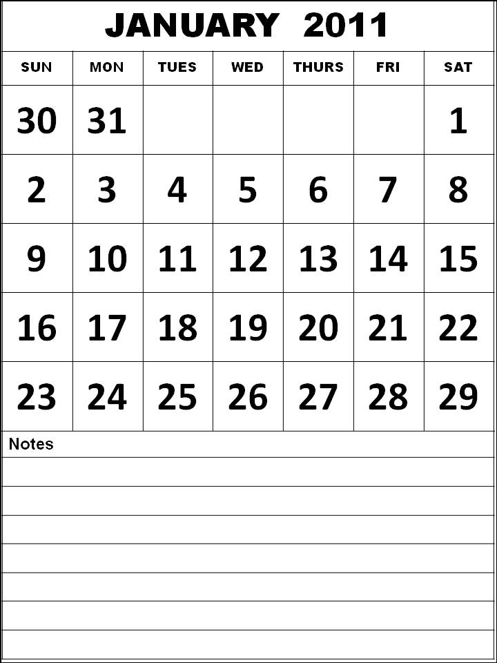 Free Printable January 2011 Calendar with big fonts and notes space