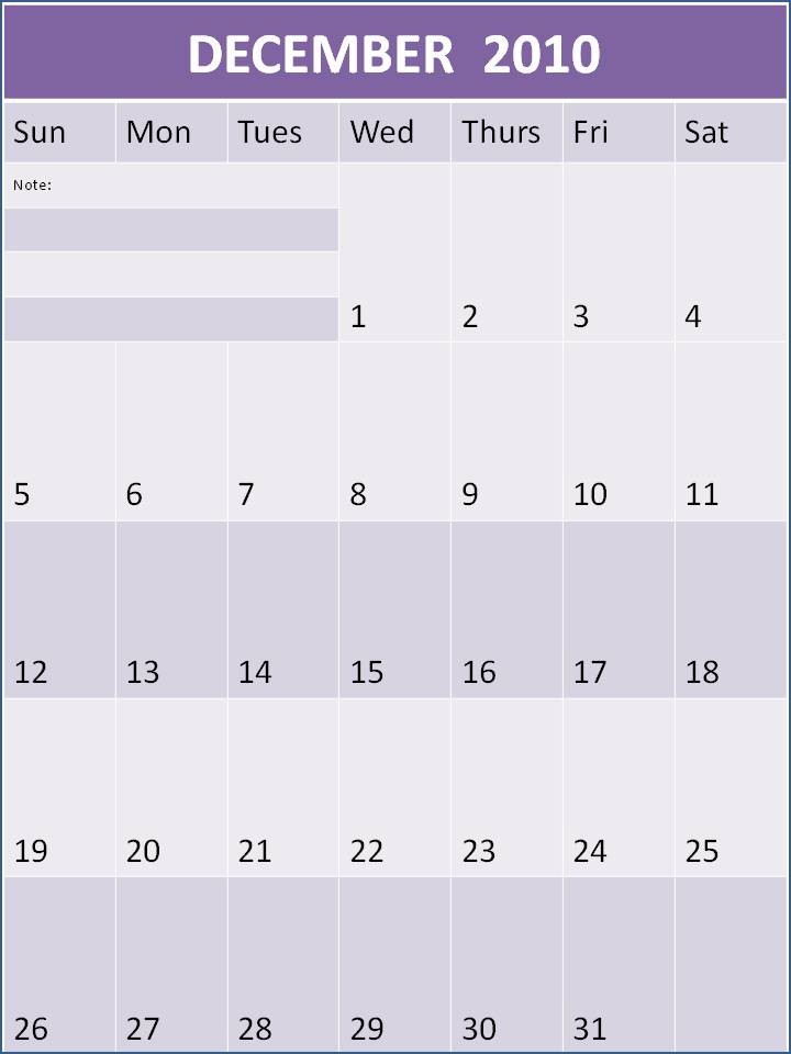 Calendar 2010 Template December 2015
