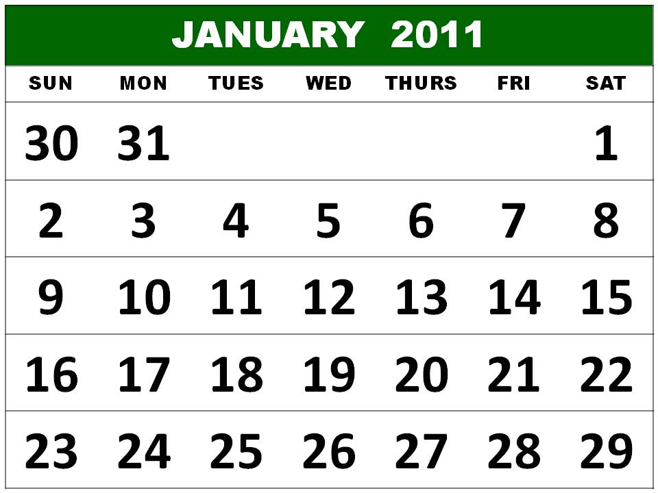 Free Big Calendar 2011 January Printable Template Free Big Calendar 2011 January Printable Template