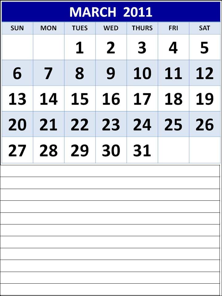 MARCH 2011 CALENDAR TEMPLATE
