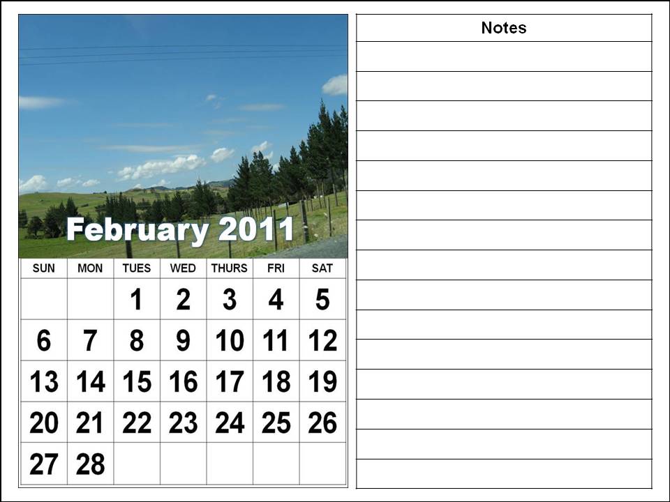 Printable February 2011 Calendar with big fonts and notes spaces Printable February 2011 Calendar with big fonts and notes spaces
