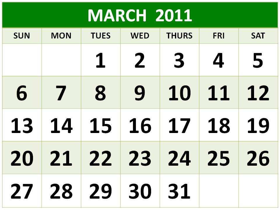Free Printable March 2011 Calendar with big fonts Free Printable March 2011 Calendar with big fonts