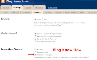 In Blogger Settings Comments Set Comments to Embedded