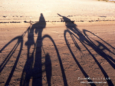 Jess and Mei's biking shadows in Atacama Desert