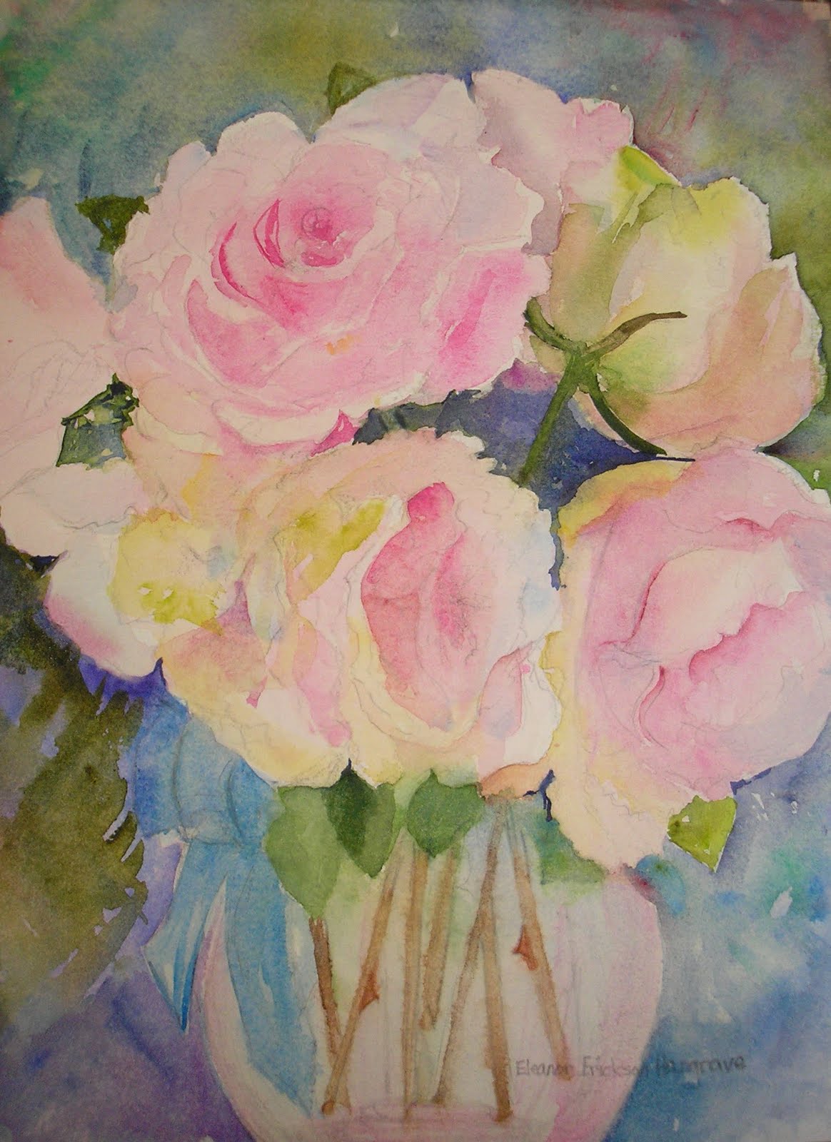 Eleanor Erickson Hargrave "Pink Cabbage Roses", 9" x 12", Watercolor