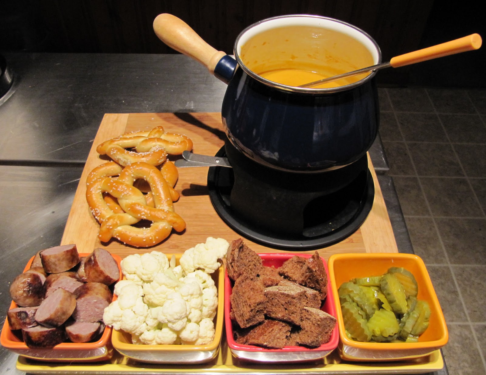 Mama Ozzy's Table Cheddar, Beer and Bratwurst Fondue