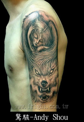 angel and wolf tattoo design on the arm