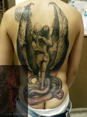 demon tattoo design, demon with wings, back tattoo design, snake
