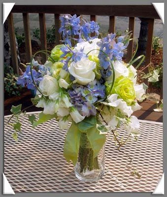 Wedding Bouquet of Blue Larkspur White Roses White Sweet Peas and Lime Wedding Bouquet of Blue Larkspur White Roses White Sweet Peas and Lime