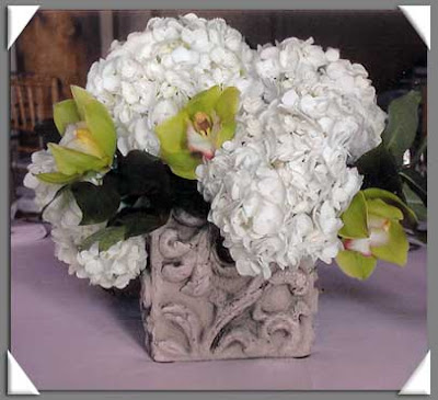 Flower Centerpiece with White Hydrangeas Cymbidium Orchids and Lemon Leaf Flower Centerpiece with White Hydrangeas Cymbidium Orchids and Lemon Leaf