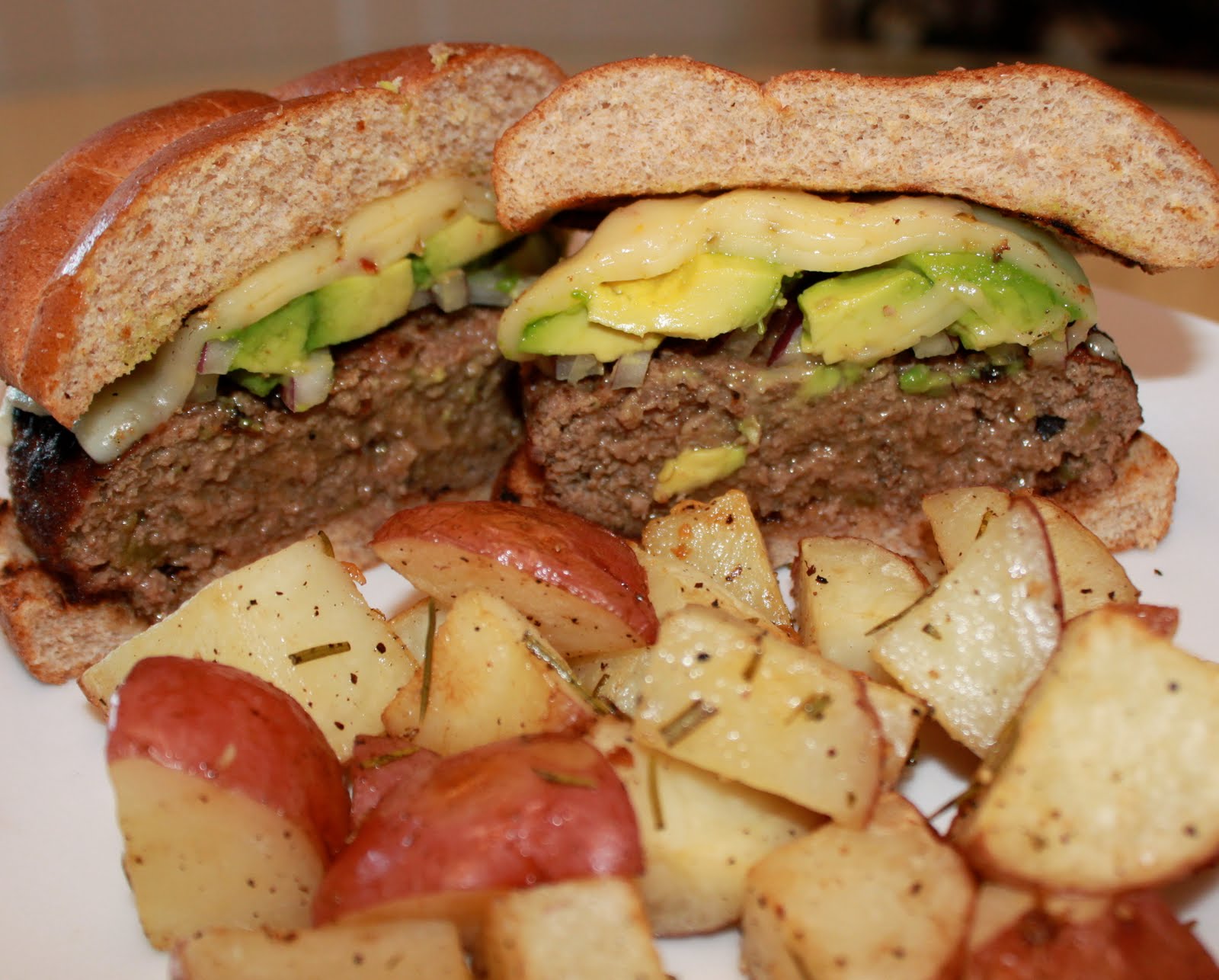 The Tempting Pepper Green Chili Burger with Roasted Rosemary Potatoes