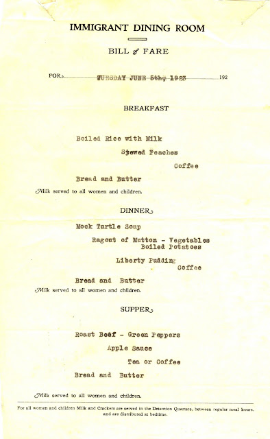 Immigrant Dining Room, Ellis Island, NY, daily menu, June 5, 1923, 7-3/4 x 11 in., typed