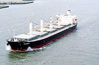 Bulk carriers, such as the Sabrina I seen here, are cargo ships used to transport bulk cargo items such as ore or food staples (rice, grain, etc.) and similar cargo. It can be recognized by the large box-like hatches on its deck, designed to slide outboard for loading. A bulk carrier could be either dry or wet. Most lakes are too small to accommodate bulk ships, but a large fleet of lake freighters has been plying the Great Lakes and St. Lawrence Seaway of North America for over a century.