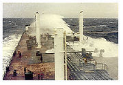 The tanker SS Overseas Alice takes seas over the bow during a 1981 run from New Orleans to Panama.
