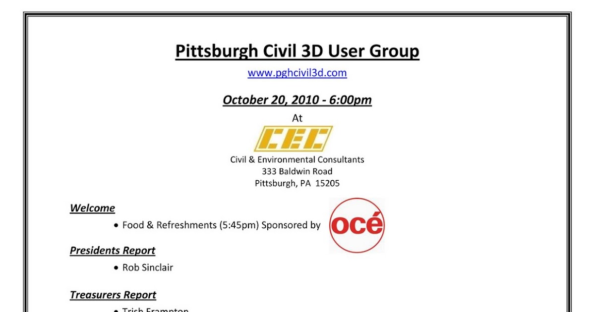 Pittsburgh Civil 3d User Group October 20 2010 Meeting Agenda