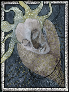 Surreal gouache and ink painting of a trapped merman in a fishnet