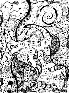 Surreal, automatic (stream of consciousness) ink drawing of alien and aquatic life forms 