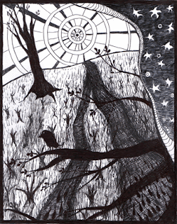 Surreal, automatic (stream of consciousness) ink drawing of landscape, trees, sun, bird, and space.