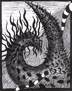 Surreal, automatic (stream of consciousness) ink drawing of alien like horned form